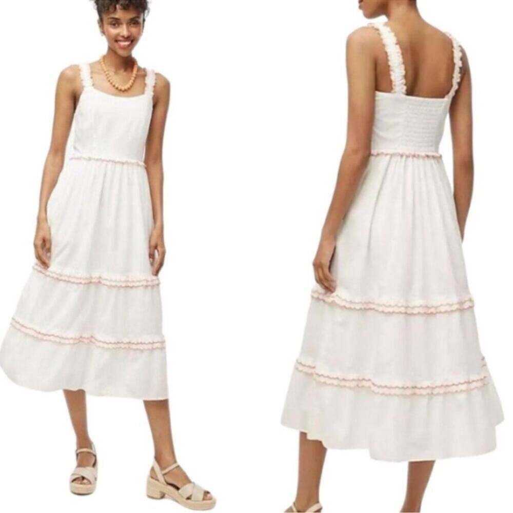 J.CREW Factory Midi Dress White Peach Scalloped Trim Pockets Cotton Size 14 NWOT - Picture 8 of 10